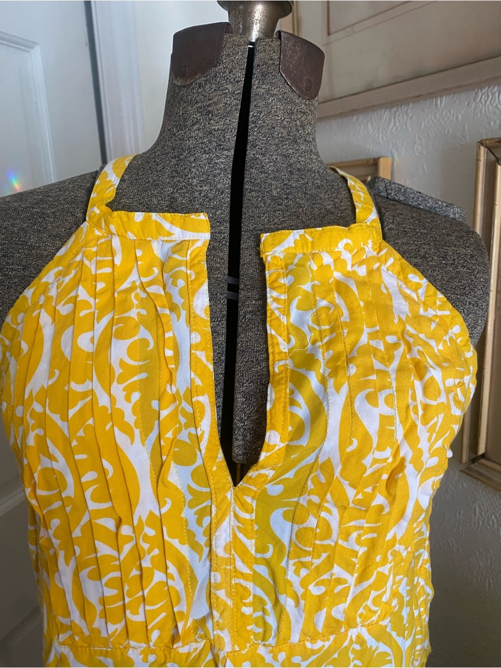 Escapada Yellow White Rayon Halter Top with Floral Print festival beach XS flowy